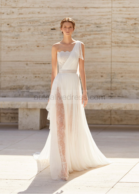 One Shoulder Lace Tulle Thigh-high Slit Boho Wedding Dress